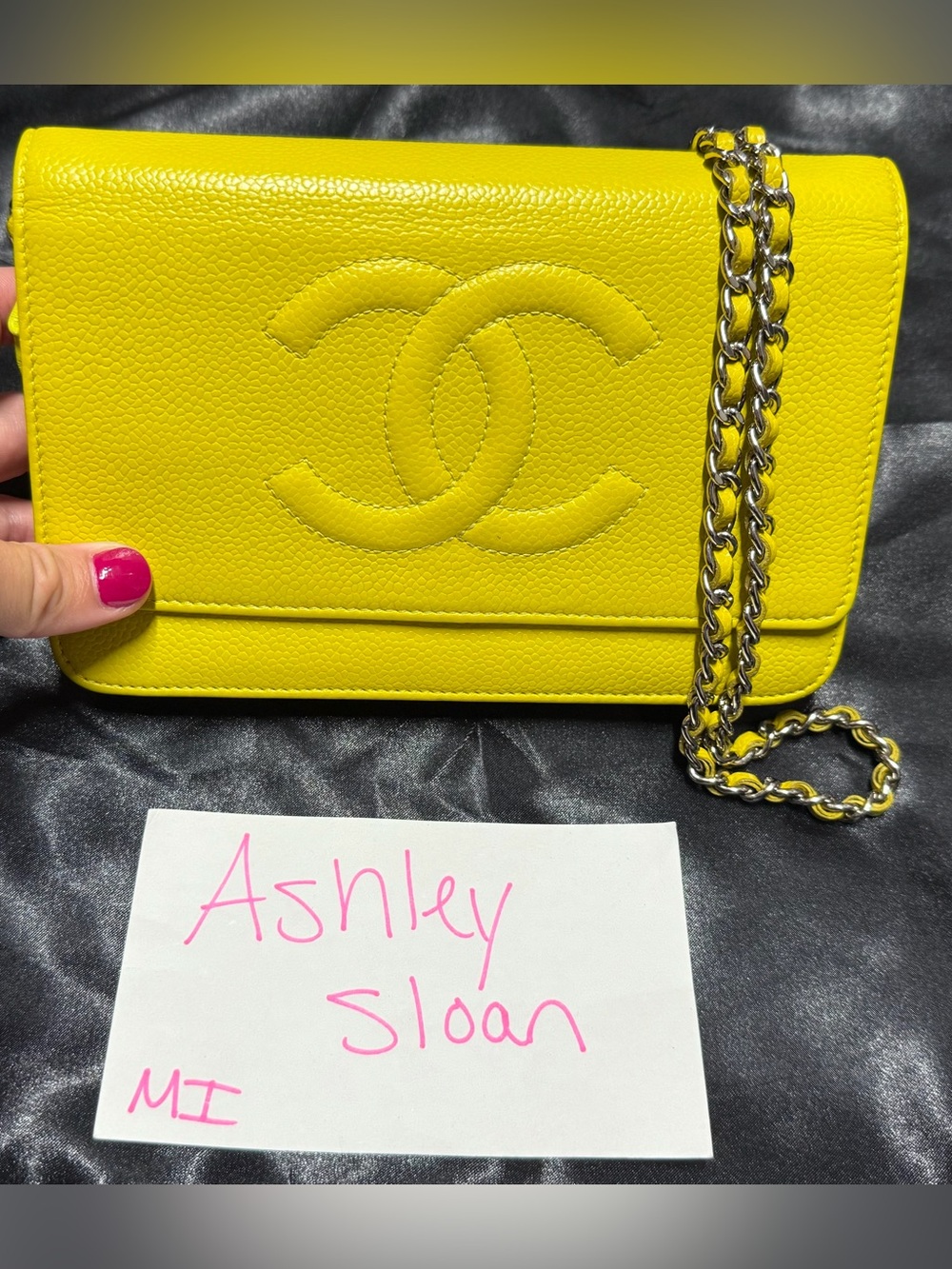CHANEL yellow caviar wallet on chain